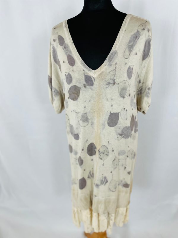 Silk and cotton jersey dress. Original manufacturer unknown.  This lovely soft jersey dress has been eco printed with smoke bush leaves.