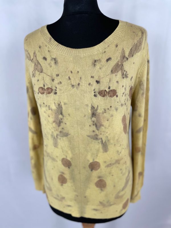 Pure cashmere eco print jumper.  A pale yellow cashmere jumper eco printed with eucalyptus and tea leaves.
