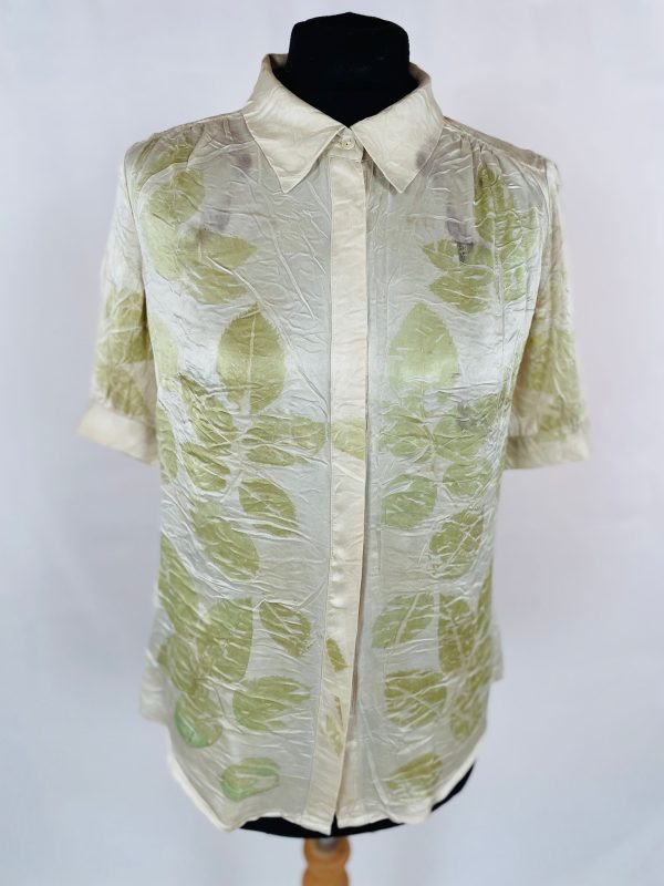 Short sleeve cream silk shirt eco printed with green peony leaves