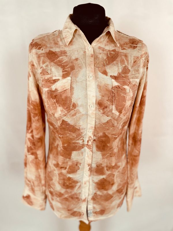 Long sleeve silk shirt eco printed with deep orange onion skins