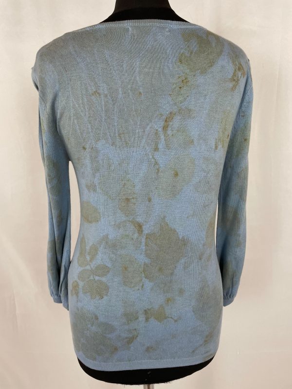 Blue silk cotton mix long sleeved round neck jumper printed with sycamore and rose leaves