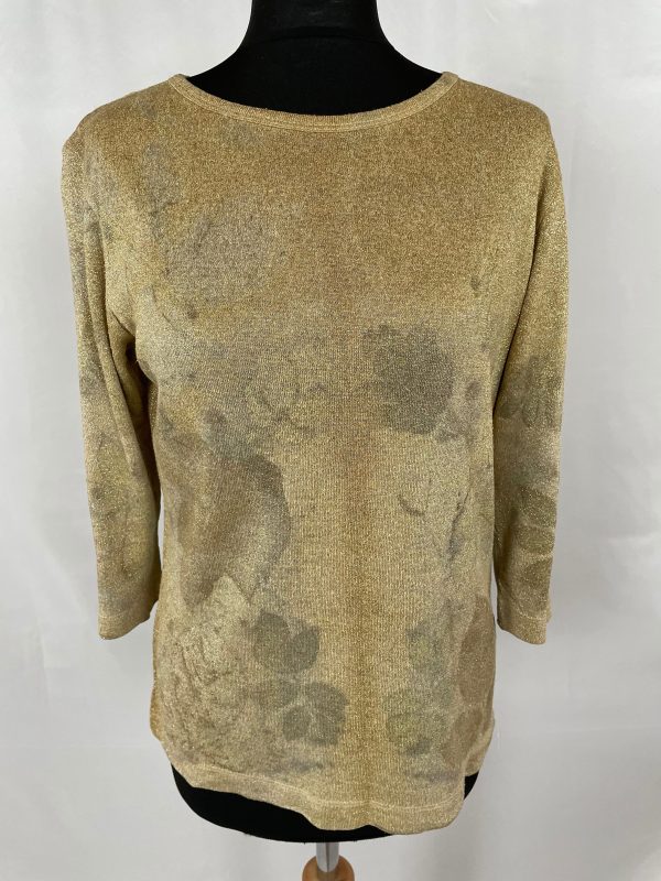 Silk gold lurex round neck long sleeved top. Eco printed with rose and sycamore leaves size small