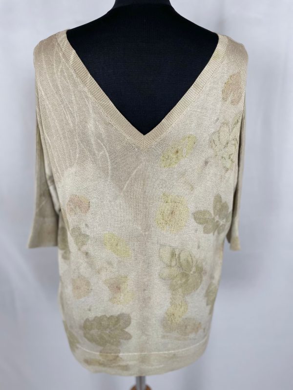 Silver silk mix lurex v neck top eco printed with rose leaves. Deep V front and back