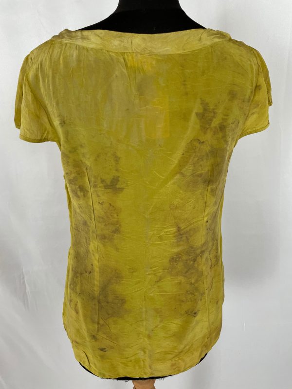 A pure silk yellow top with bow detail at the neck originally manufactured by Monsoon.  Eco printed with local sycamore leaves