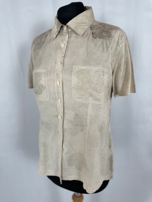 Upcycled pure silk eco print short sleeve shirt size Medium