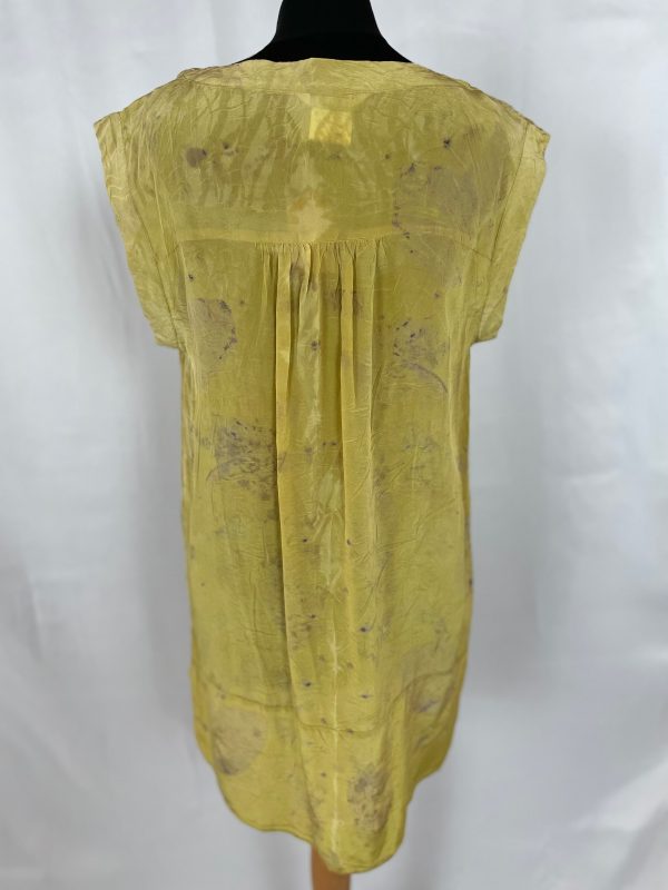 Pure silk eco print tunic top size UK 12.  Originally manufactured by Tu this yellow silk tunic top has been printed with cotinus (smokebush) leaves
