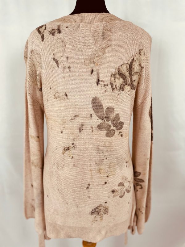 Pale pink v neck cotton mix jumper eco printed with rose leaves